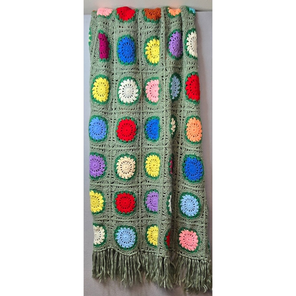 Vintage 1970s Handmade Crochet Granny Square Afghan Green Fringe Super Soft Boho